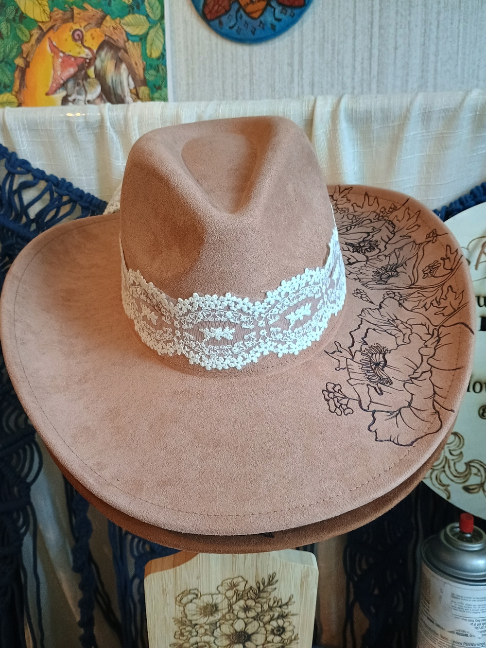 Women's Rose Brown Suede Lace Trim Western Hat
